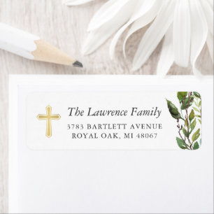 Gold Cross Watercolor Greenery Return Address Label