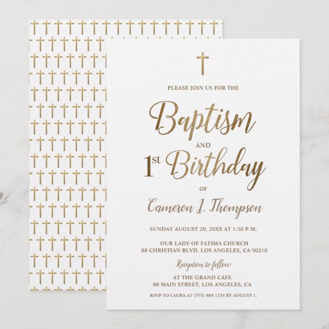 Gold Cross White Baptism 1st Birthday Invitation (Front/Back)