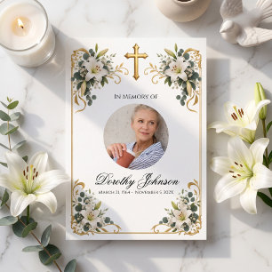 Gold cross white lily Elegant Christian Memorial Thank You Card