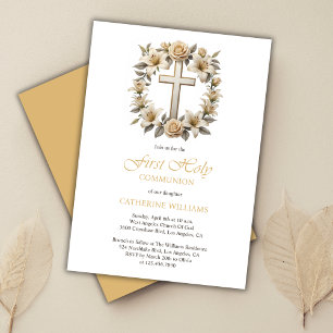 Gold Cross White Roses Lilies First Holy Communion Invitation
