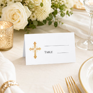 Gold cross white simple place card