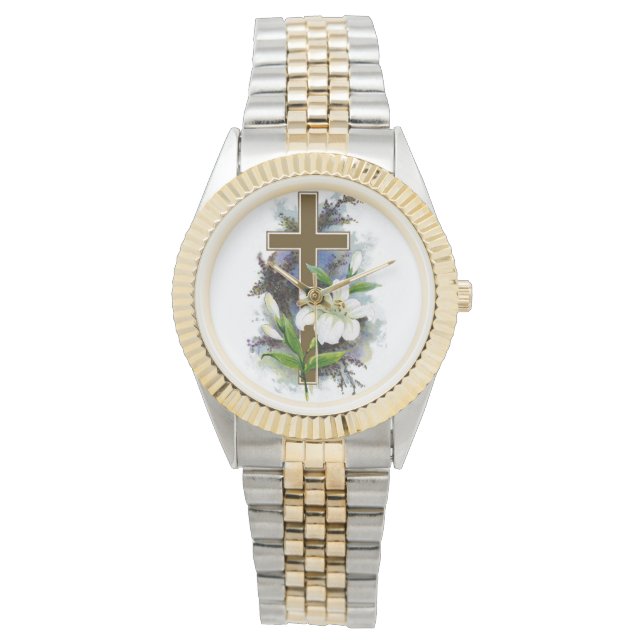 Gold Cross With White Flower Watch (Front)