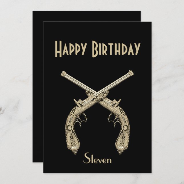 Gold Crossed Pistols Black Birthday Party  Invitation (Front/Back)