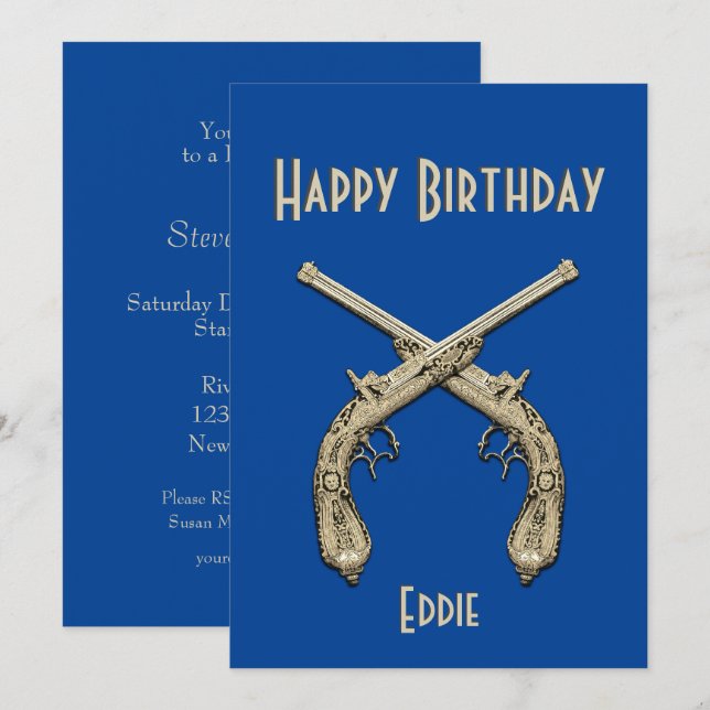 Gold Crossed Pistols Blue Birthday Party   Invitation (Front/Back)