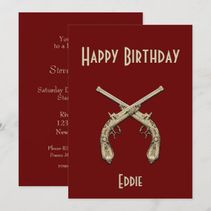 Gold Crossed Pistols Dark Red Birthday Party Invitation