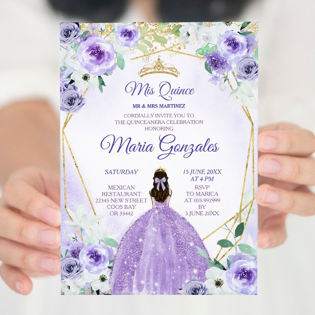 Gold Crown and Purple Flowers Quinceañera Invitation (Creator Uploaded)