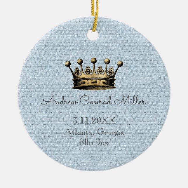 Gold Crown Blue Baby Boy Birth Announcement  Ceramic Ornament (Front)
