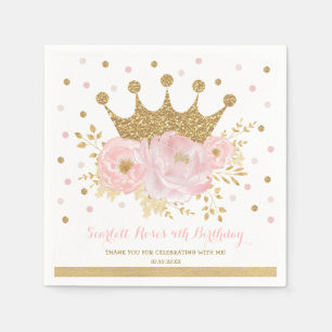 Gold Crown Blush Pink Floral Princess Birthday Napkin