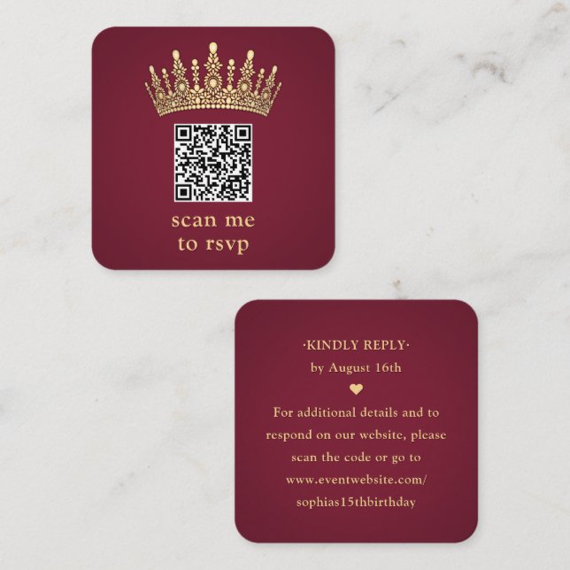 Gold Crown Burgundy Quinceañera Scan Me QR RSVP Enclosure Card (Front/Back)