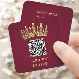 Gold Crown Burgundy Quinceañera Scan Me QR RSVP Enclosure Card