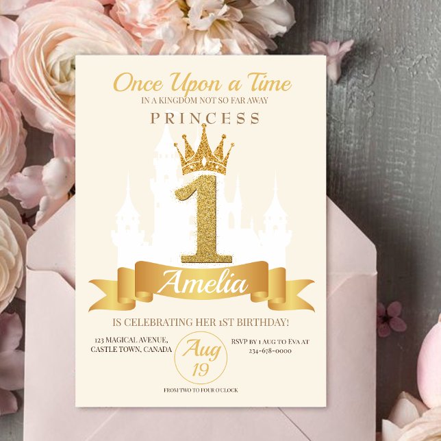 Gold Crown Castle Kingdom Princess 1st Birthday  Invitation (Creator Uploaded)