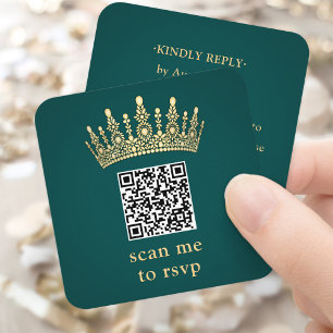 Gold Crown Dark Green Quinceañera Scan Me QR RSVP Enclosure Card