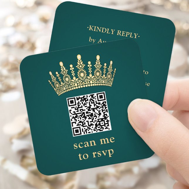 Gold Crown Dark Green Quinceañera Scan Me QR RSVP Enclosure Card (Creator Uploaded)