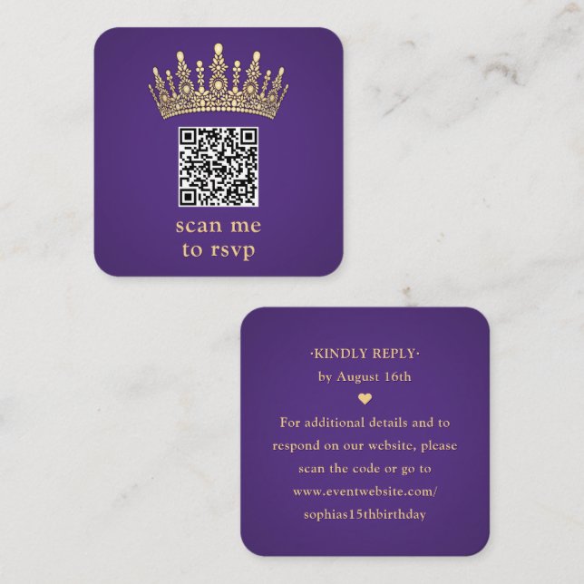 Gold Crown Dark Purple Quinceañera Scan Me QR RSVP Enclosure Card (Front/Back)