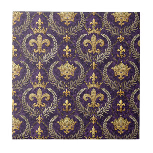 Gold Crown Fleur-de-lis Royal Purple Pattern Print Ceramic Tile