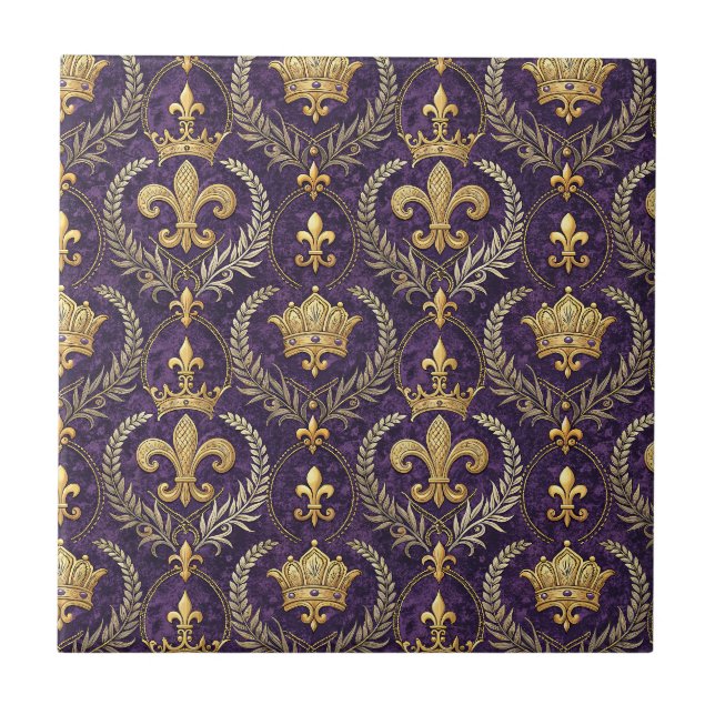 Gold Crown Fleur-de-lis Royal Purple Pattern Print Ceramic Tile (Front)