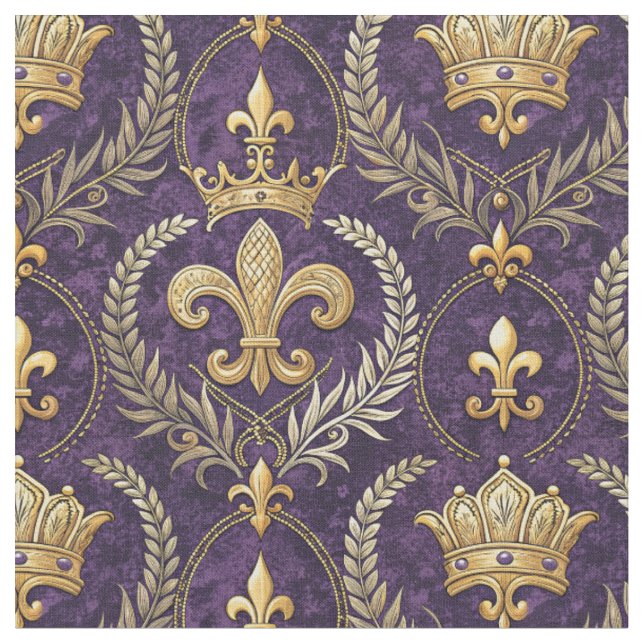Gold Crown Fleur-de-lis Royal Purple Pattern Print Fabric (Close Up)