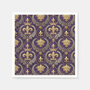 Gold Crown Fleur-de-lis Royal Purple Pattern Print Napkin