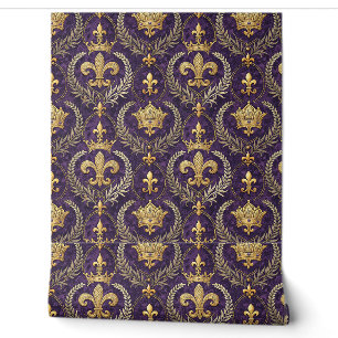 Gold Crown Fleur-de-lis Royal Purple Pattern Print Wallpaper
