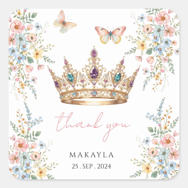 Gold Crown Floral Butterfly Elegant Bridal Shower Square Sticker