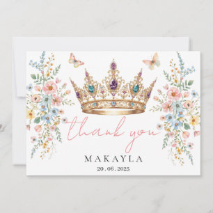 Gold Crown Floral Butterfly Elegant Bridal Shower  Thank You Card
