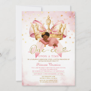 Gold Crown Glitter Stars Girl’s 1st Birthday Invitation