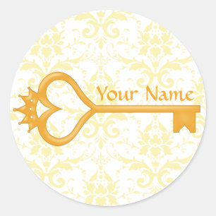 Gold Crown Heart Key Classic Round Sticker