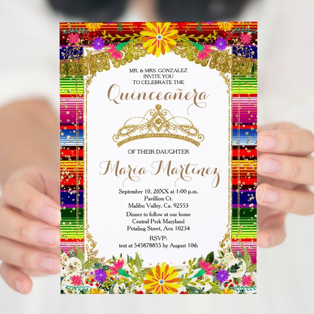 Gold Crown Mexico Floral Quinceañera Invitation (Creator Uploaded)