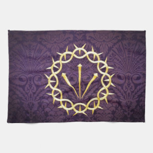 Gold Crown Of Thorns On Dark Purple Background Tea Towel