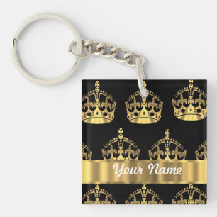 Gold crown pattern on black key ring