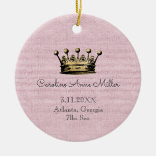Gold Crown Pink Birth Announcement Keepsake Ceramic Ornament