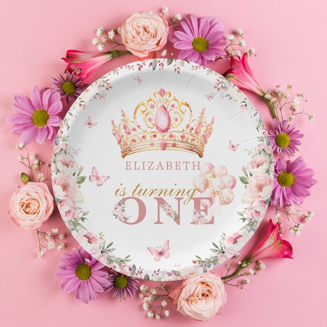 Gold Crown Princess Girl 1st Birthday Pink Floral Paper Plate (Creator Uploaded)