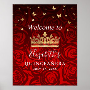 Gold Crown Red Roses Quinceanera Welcome Party Poster