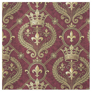 Gold Crown & Red Velvet Royal Damask Pattern Art Fabric