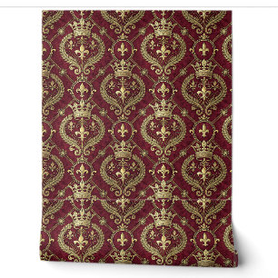 Gold Crown & Red Velvet Royal Damask Pattern Art Wallpaper