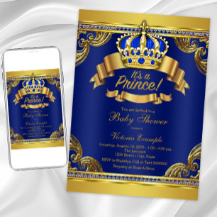 Gold Crown Royal Blue Prince Boy Baby Shower Invitation