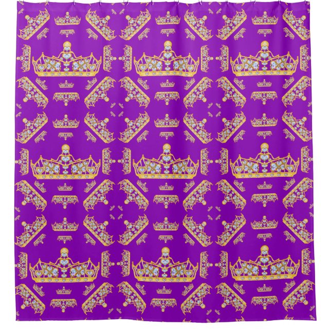 Gold Crowns Heart Diamonds Pearls Pattern Purple Shower Curtain (Front)