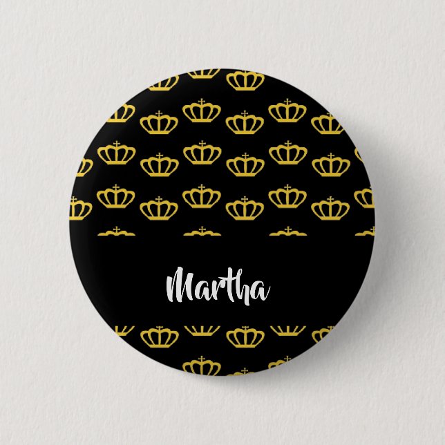 Gold crowns on black 6 cm round badge (Front)