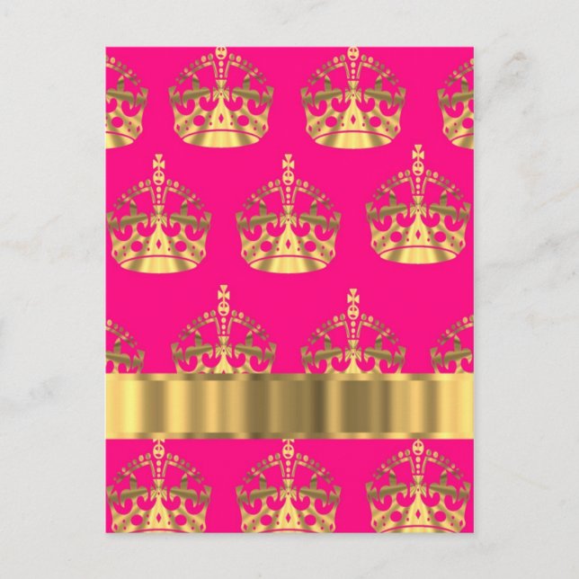Gold crowns on hot pink postcard (Front)