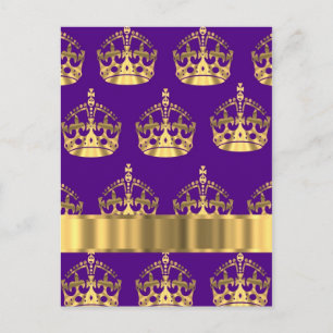 Gold crowns on purple postcard
