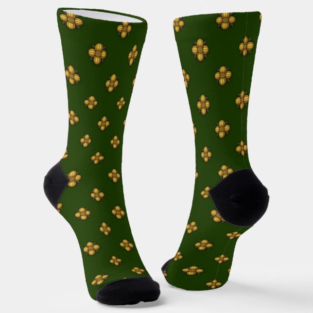 Gold Cruciferous Flowers on Hunter Green Socks (Angled)