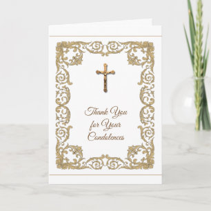 Gold Crucifix Lace Catholic Condolence Thank You Card