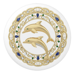 Gold Crystal Dolphins 2Dgraphic Ocean Sea Marine Ceramic Knob
