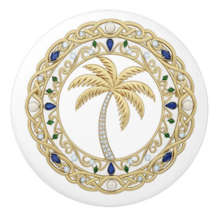 Gold Crystal Palm Tree 2Dgraphic Ocean Beach House Ceramic Knob
