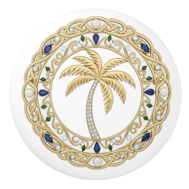 Gold Crystal Palm Tree 2Dgraphic Ocean Beach House Ceramic Knob (Front)