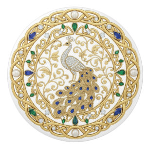 Gold Crystal Peacock Bird 2D graphic gemstones Ceramic Knob