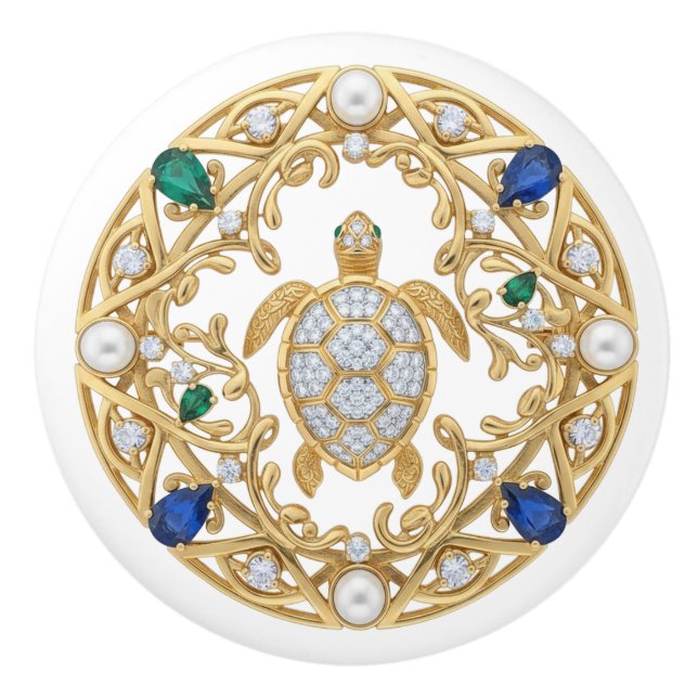 Gold Crystal Sea Turtle 2Dgraphic gemstone Ocean Ceramic Knob (Front)