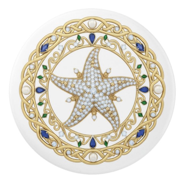 Gold Crystal Starfish Sea Star 2D graphic gemstone Ceramic Knob (Front)