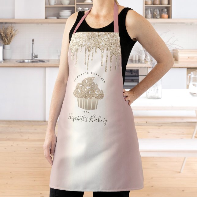 Gold Cupcake Glitter Drips Bakery Pastry Chef Rose Apron (Creator Uploaded)