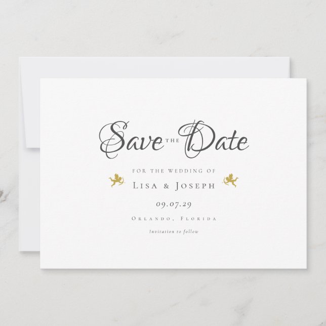 Gold Cupids Elegant Script Save the Date Invitation (Front)
